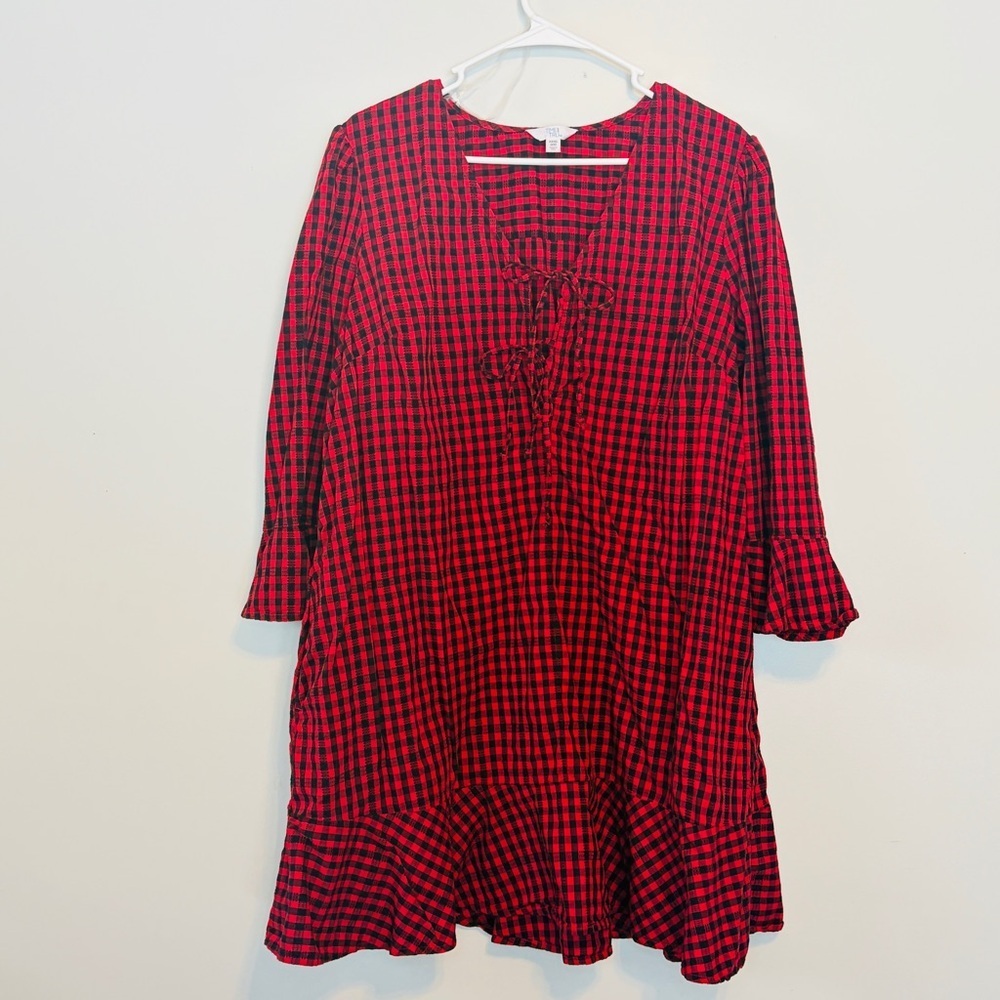 Time and Tru Red and Black Gingham Tie Front Midi Dress - Picture 5 of 11